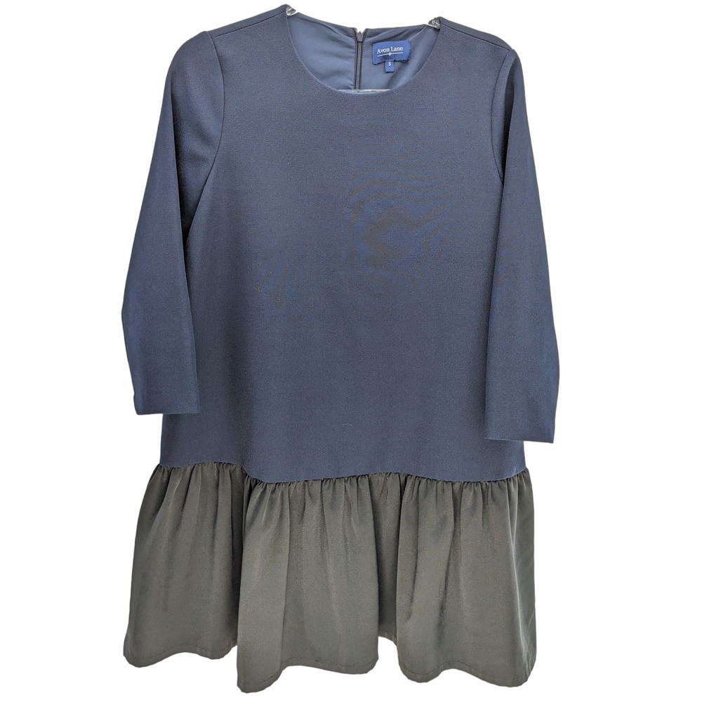 Tuckernut Avon Lane Small Dress Navy Black Ruffle Long Sleeve Drop Waist Mini